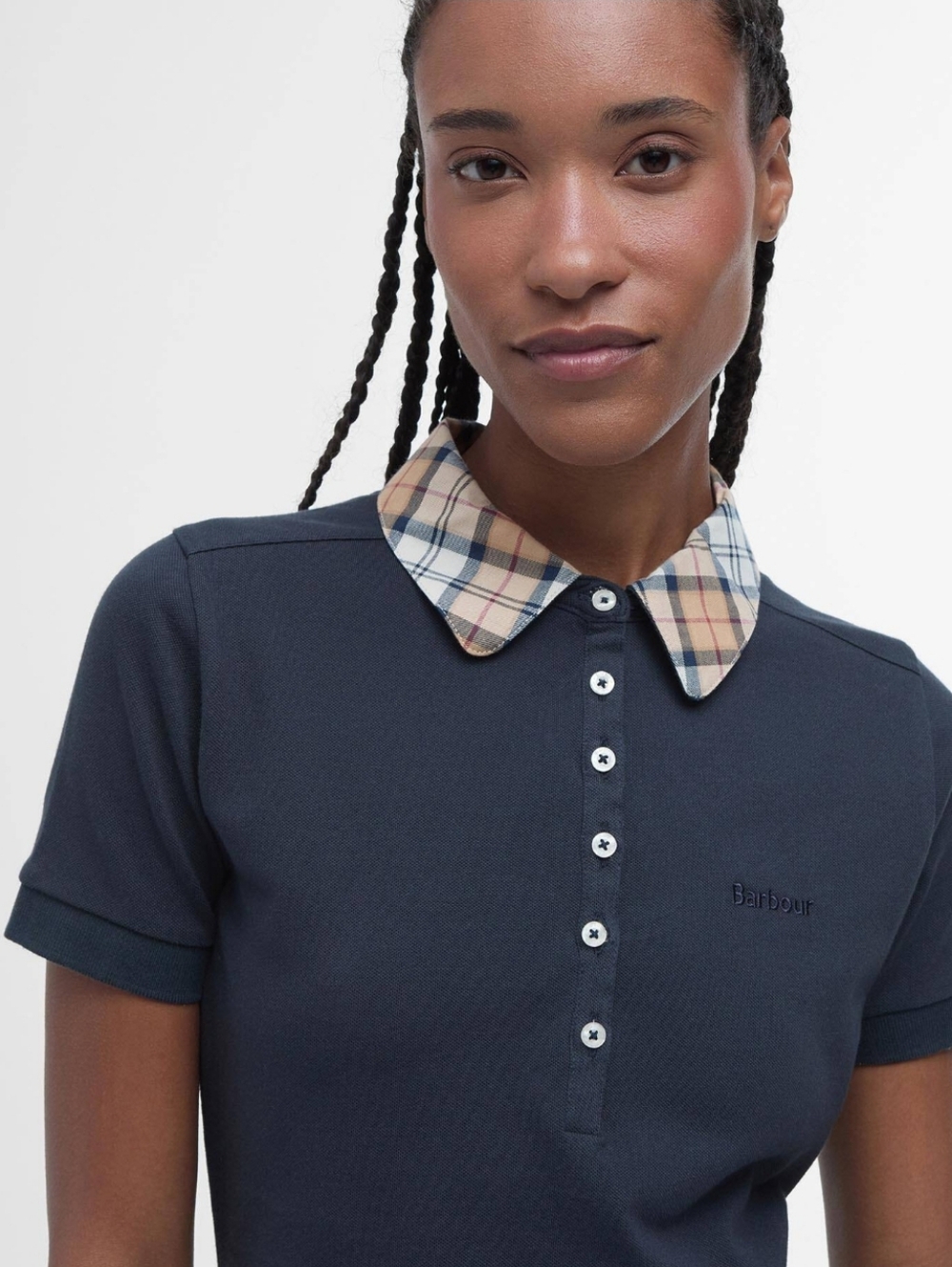 Barbour Malvern Short Sleeved Navy Polo with Beige Check Collar